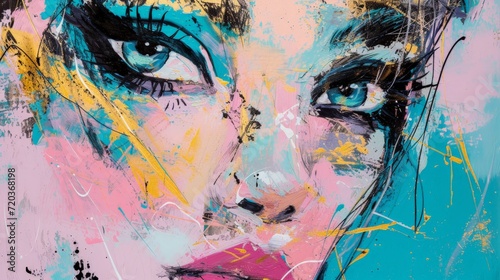 Scribbles Line Artwork of a Woman with open Eyes - Tea Rose, Turquoise, Black, Mauve Pink and Pastel Blue Color Palette - Surreal Expressionist Female Background created with Generative AI Technology