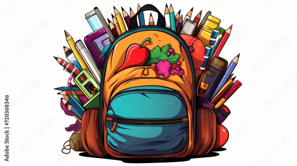 Obraz premium Vibrant child's schoolbag illustration with colorful pencils and notebooks, back to school supplies for classroom and recess
