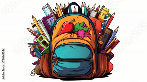Vibrant child's schoolbag illustration with colorful pencils and notebooks, back to school supplies for classroom and recess