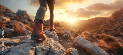 Men s legs running along picturesque mountain path with sports shoes and backpack