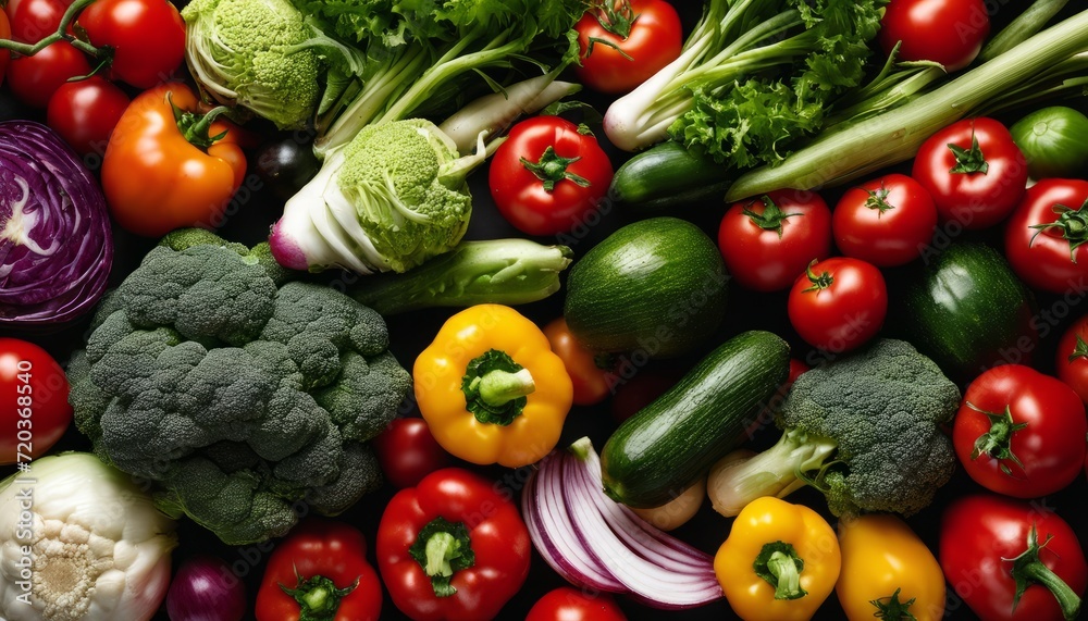 A colorful assortment of vegetables, including broccoli, peppers, onions, and tomatoes