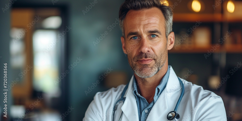 A doctor looking forward with stethoscope and white coat