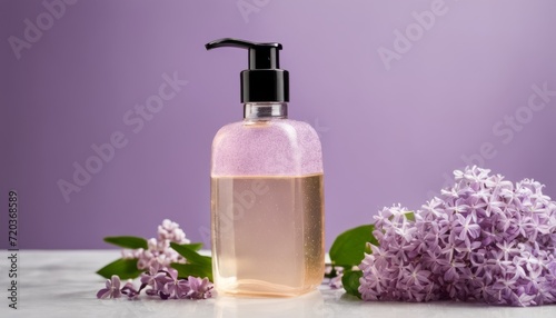 A bottle of lotion with a pink label sits on a table with purple flowers