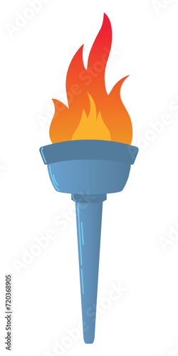 Colorful Flaming Torch, flat vector illustration isolated on white background. Symbols of relay race, competition victory, champion or winner.
