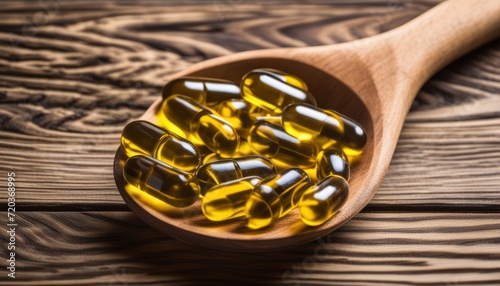 A wooden spoon filled with fish oil capsules photo