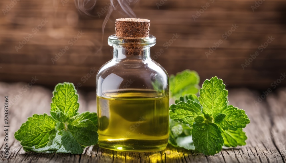 A bottle of oil with a wooden backdrop and a sprig of mint A bottle of oil with a wooden backdrop and a sprig of mint