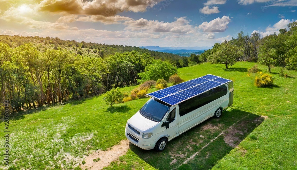 Fototapeta premium van with solar panels in a natural park, seen from the sky