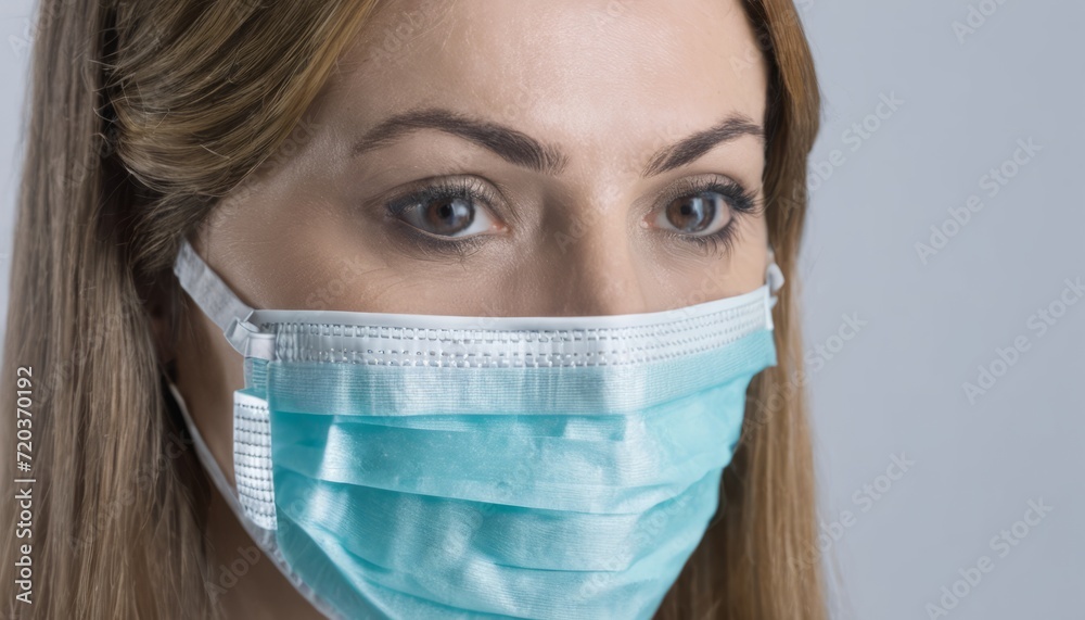 A woman wearing a blue face mask A woman wearing a blue face mask
