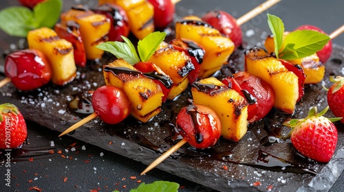 Grilled fruit kabobs with a glossy balsamic glaze