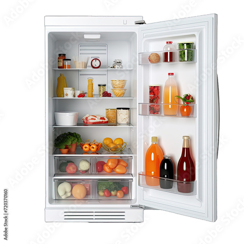 A Modern Refrigerator Stocked With Various Food Items.. Isolated on a Transparent Background. Cutout PNG.