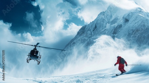 Heliski helicopter takes off in snow powder freeride landed on mountain.