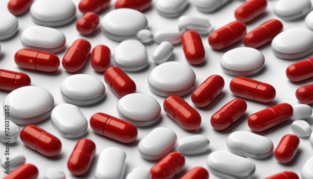 A white background with red and white pills