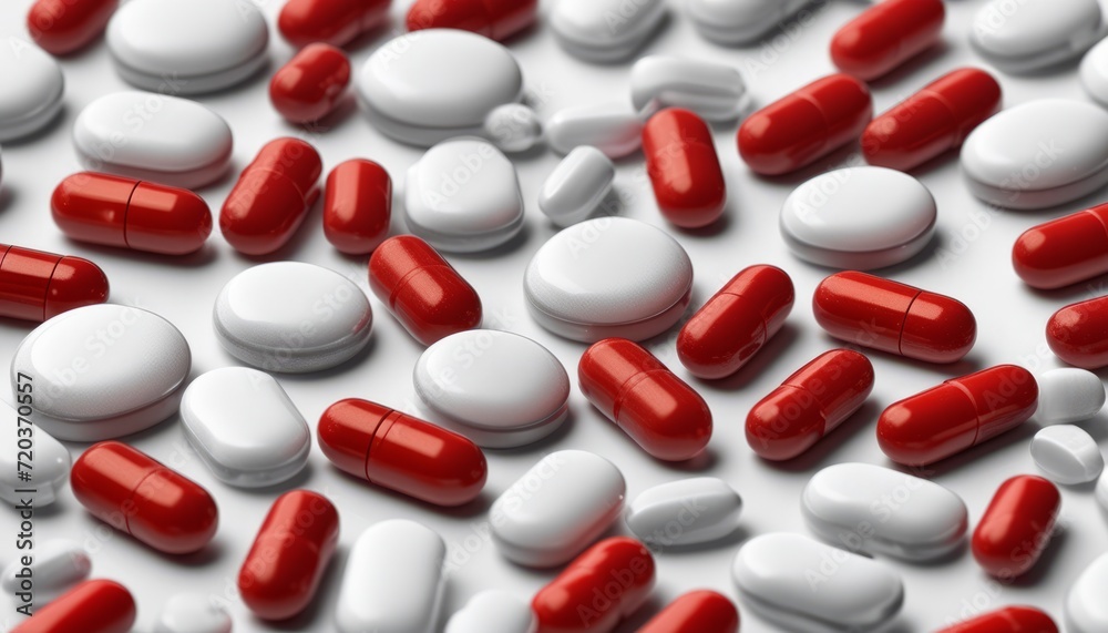A white background with red and white pills A white background with red and white pills