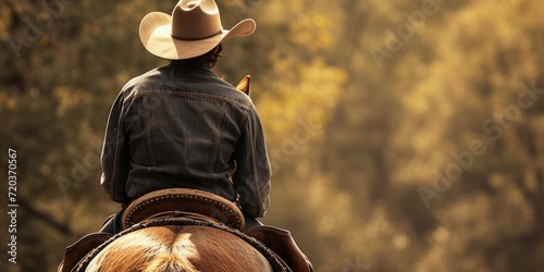 cowboy in the saddle on a horse rear view Generative AI
