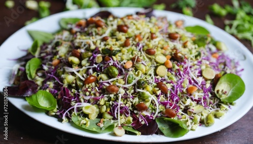 A white plate with a salad of purple and green vegetables