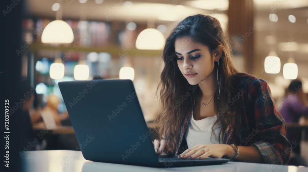 Fototapeta premium Young woman student study in the school library. She using laptop and learning online with blurred other people background