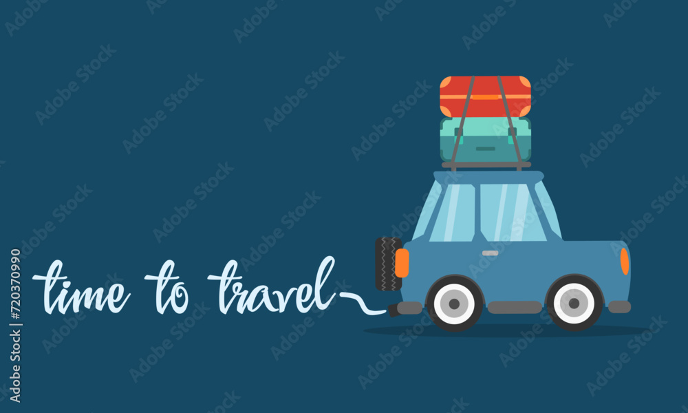 Obraz premium Time to travel concept poster. Travel by car. Road trip. Vector illustration.