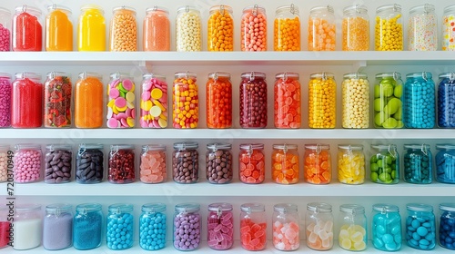 Colorful candy shop display with a variety of sweets in glass jars.