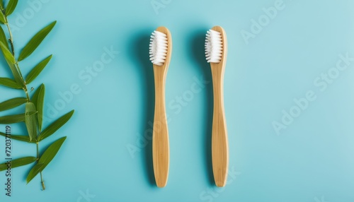 Two wooden toothbrushes on a blue background