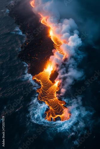 Drone image of a lava flow meeting the ocean, natural power theme