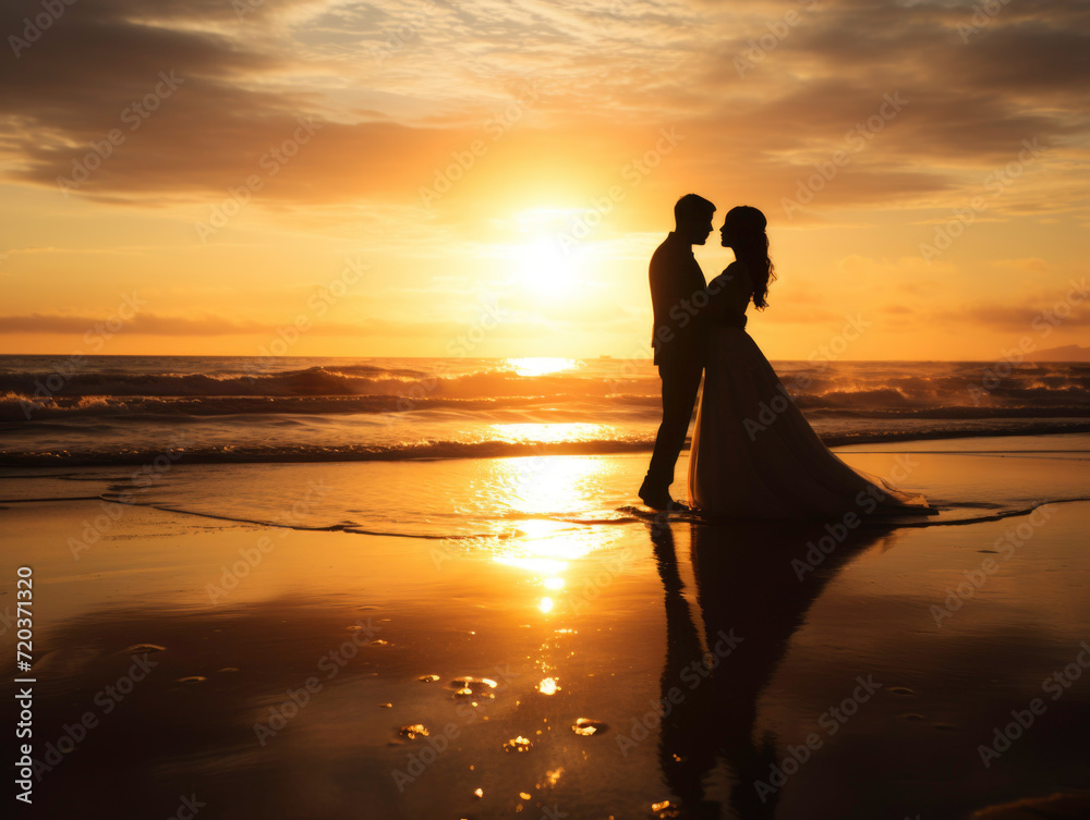 Silhouette wedding of bride and groom at the beach with beautiful sunlight.