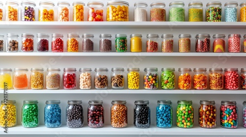 Colorful candy jars neatly organized on shelves