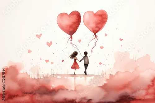 Couple in love on a date. Watercolor background for Valentine s Day  love  wedding concept.