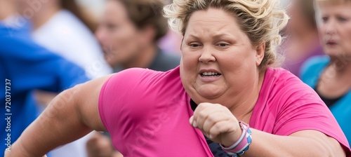Joyful outdoor fitness for all overweight woman finding happiness through park jogging.