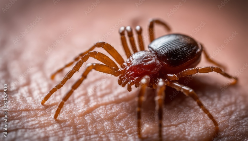 A spider with a red body and black legs on a skin