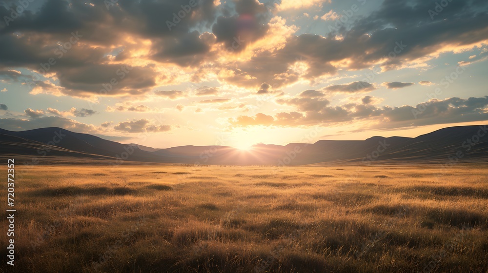 Fototapeta premium Landscape of natural long shot with beautiful sunlight. Generative AI