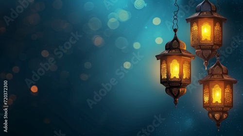 Beautiful Arabic lantern with lit candle hanging on a tree with blue out of focus background. ramadan concept, arabia
