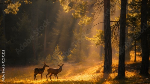 A natural landscape with sun nature light, deer animal wild life wallpaper background. Generative AI