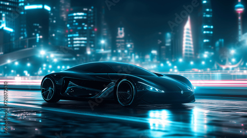 Sleek Concept Car on Urban Neon-Lit Street at Night © lin
