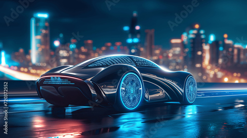 Hypercar of the Future Illuminated by Cityscape at Night