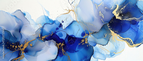 abstract background with alcohol ink painting, royal blue and white tones with gold cracks, gold leaves, abstract fluid art