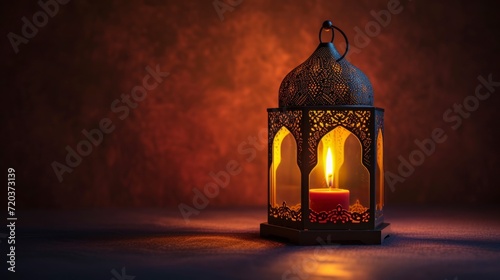 Arabic lantern with lit candle on a hanging shelf with light in high definition and quality. ramadan concept photo