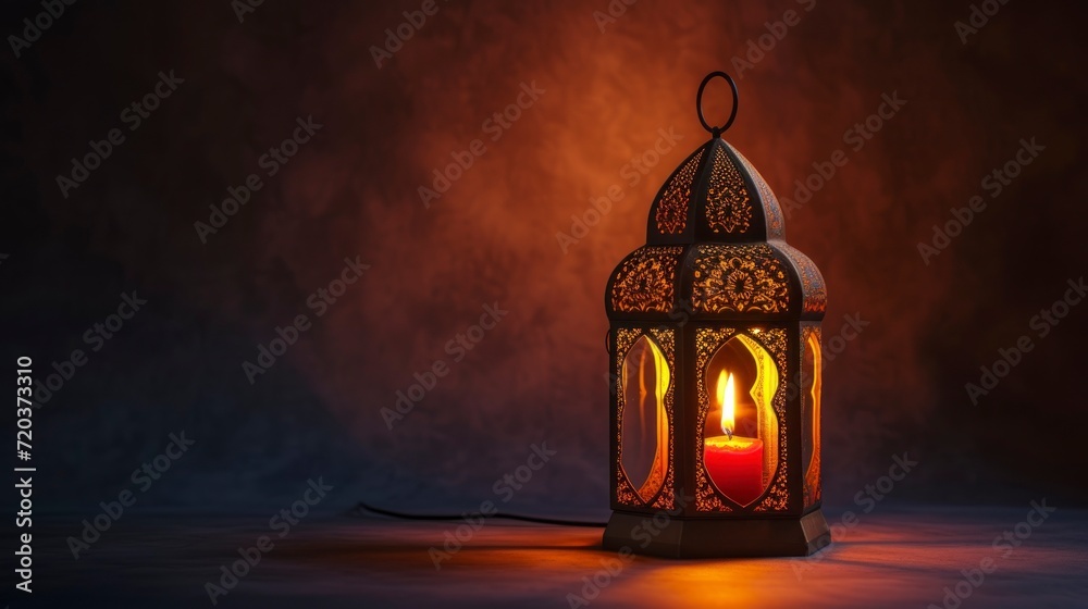 Arabic lantern with lit candle on a hanging shelf with light in high definition and quality. ramadan concept,arabia
