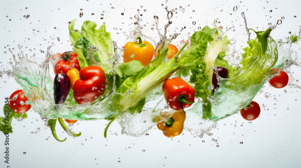 on a background, vegetables and fruits in splashes of clean water on a background, vegetables and fruits in splashes of clean water