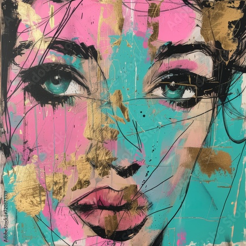 Scribbles Line Artwork of a Woman with open Eyes - Tea Rose, Turquoise, Black, Mauve Pink and Pastel Blue Color Palette - Surreal Expressionist Female Background created with Generative AI Technology