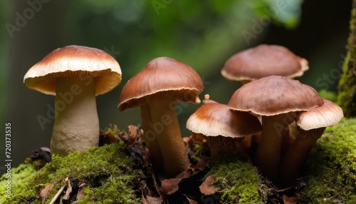 Four mushrooms growing on a tree branch