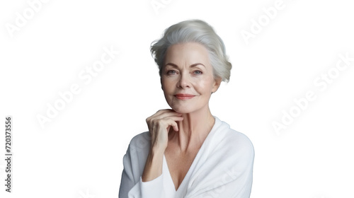 Graceful mature woman with white hair and a radiant complexion against transparent background