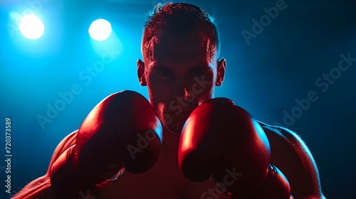 Boxing man model fighting with studio lighting. Generative AI © Alice a.