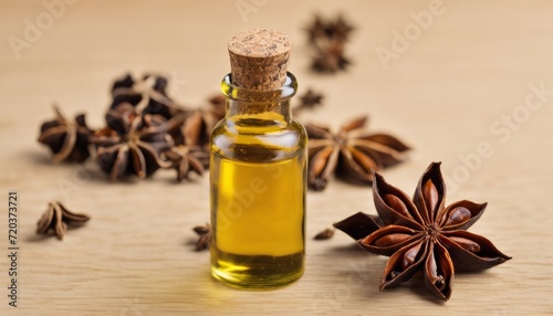A bottle of oil with star anise on a wooden table