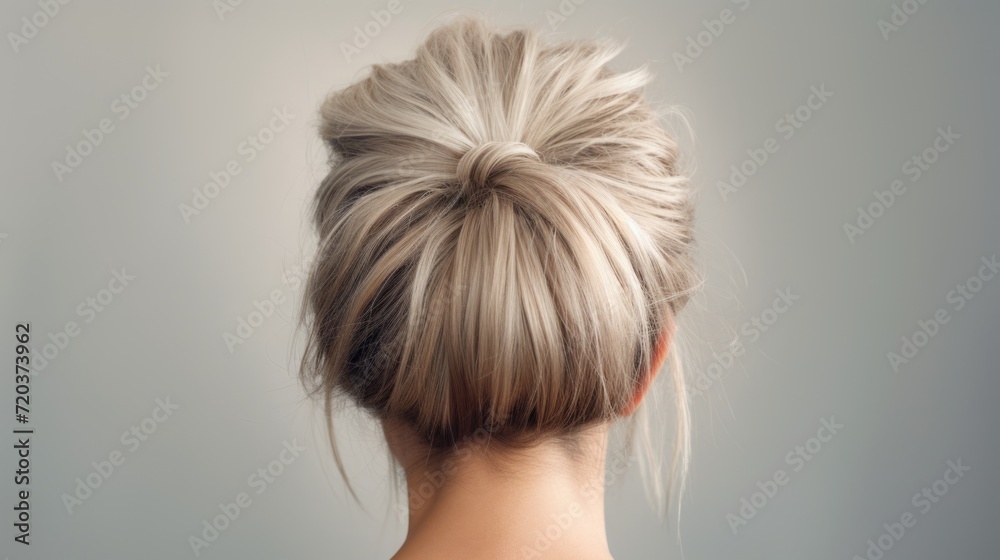 Rear view of young woman elegant bun hairstyle, grey background, copy space Rear view of young woman elegant bun hairstyle, grey background, copy space