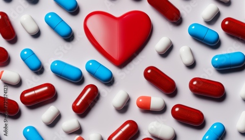 A bunch of pills with a red heart in the middle