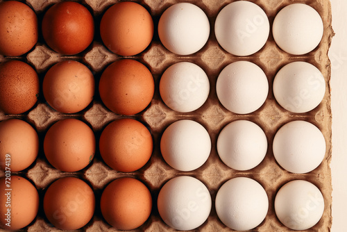 Photograph of egg carton with white eggs and brown eggs. Food concept.