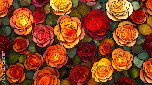 Stained glass window background with colorful Rose Flower abstract.	
