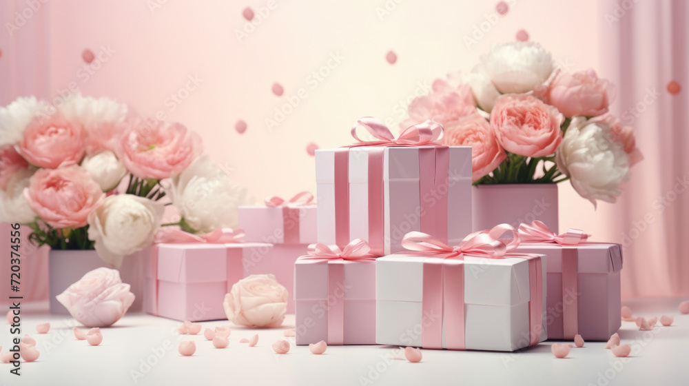 Gifts for March 8th, Mothers day, Pink Present boxes background, copy space Gifts for March 8th, Mothers day, Pink Present boxes background, copy space