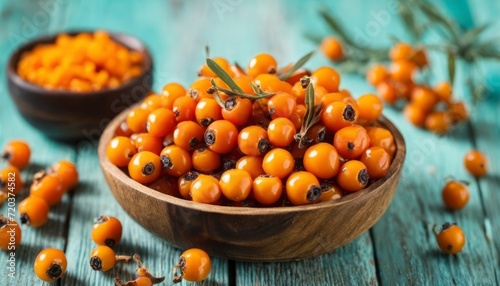 A wooden bowl filled with yellow berries photo