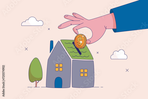 Rental concept. Down payment for house purchasing, mortgage or real estate loan, savings to buy new home or property investment, businessman hand home owner putting money dollar coin into new house.